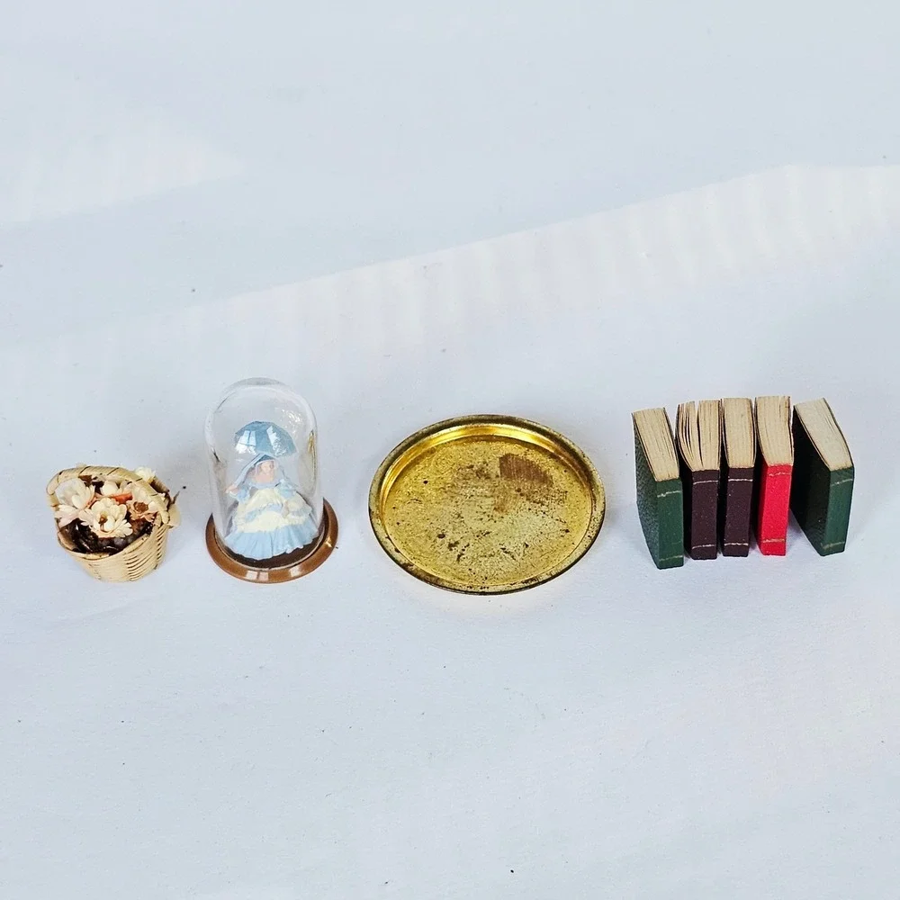 Vintage Dollhouse Miniature Accessories Books Cloche Tray Flower Basket 1:12 Set
